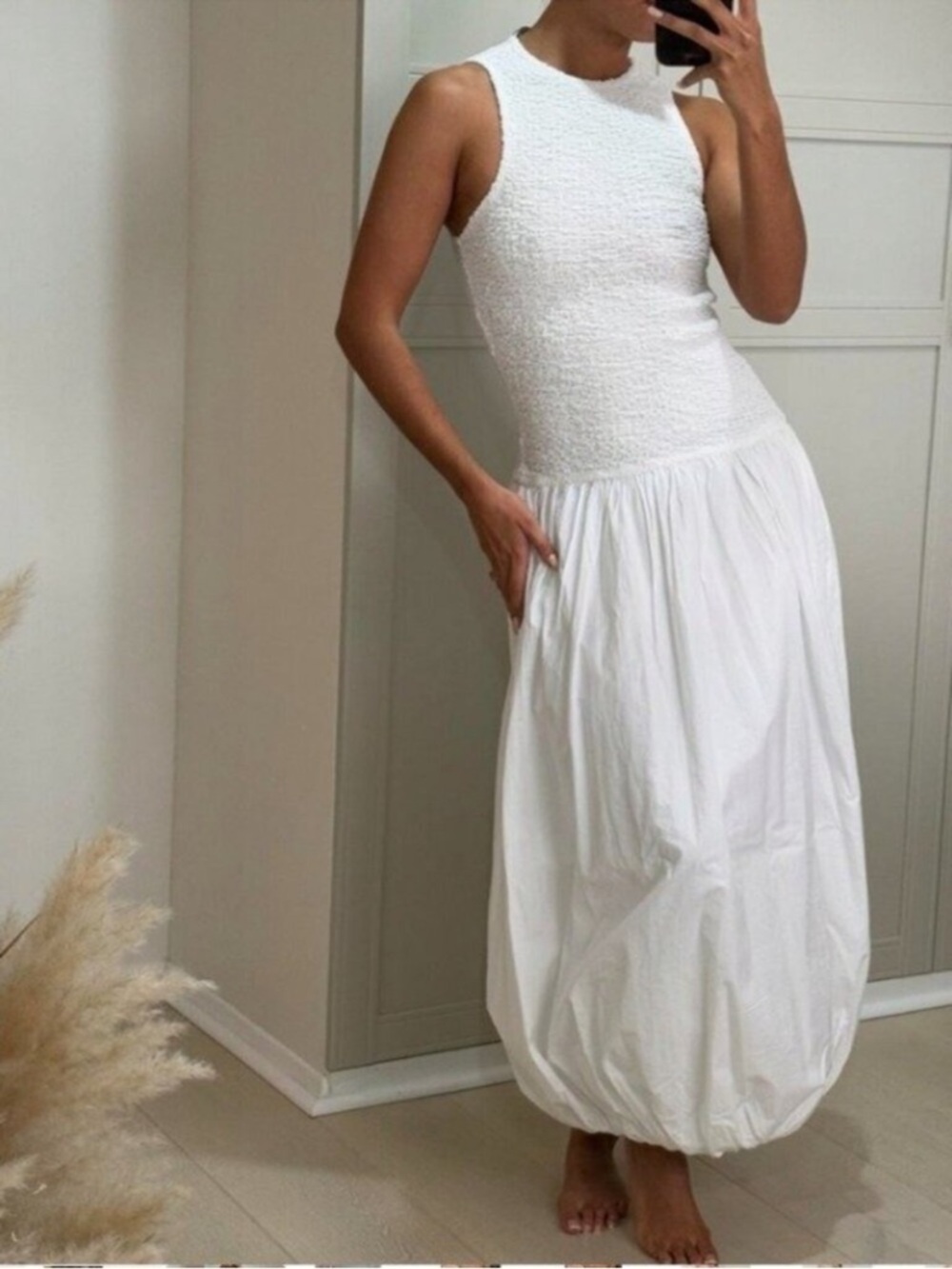 Zara Poplin Sleeveless White Bubble-Hem Maxi Dress